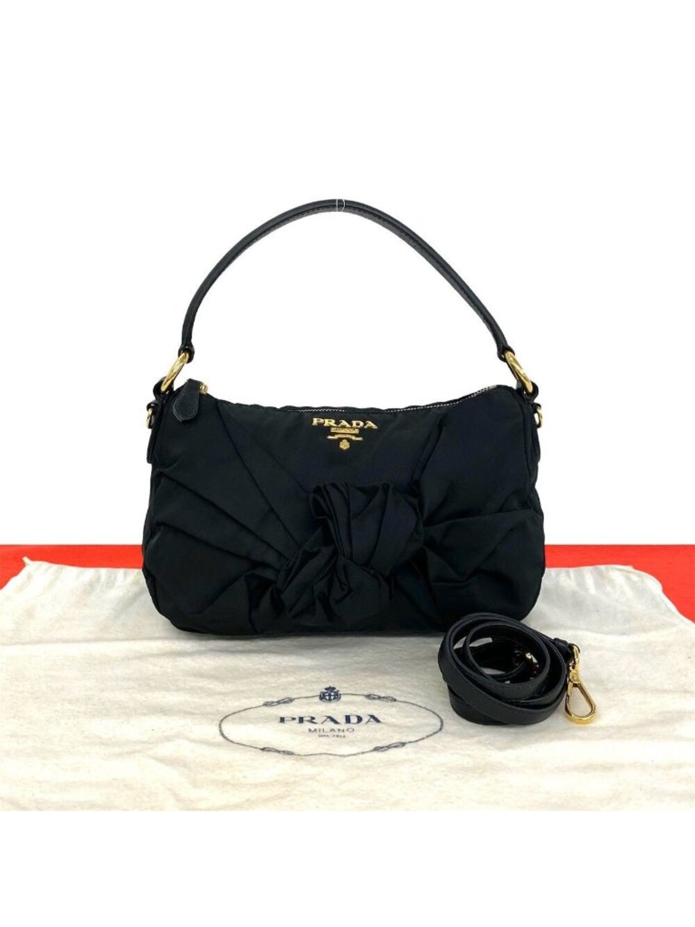 Prada Logo Tessuto Pocono Nylon Leather 2-Way Shoulder Bag Black